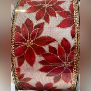 Poinsettia Christmas Ribbon Red & Gold on White Wired 2-1/2" X 50 Yards Kirkland
